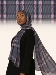 1PC  Classic British Plaid Style Balinese Hijab Sacrf, Elegant Printed Headscarf for Women, Muslim Fashion Daily wear, Breathable Beach Long Shawl