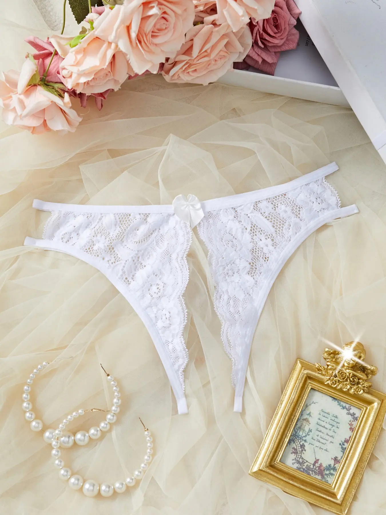 Women's Sexy Lace Underwear, Open Thigh Panties, Comfortable Bowknot Knickers, Perfect for Bridal Wedding Season, Ladies Lingerie Fitted Piece, Lace Trim Panty, Opening Crotch Underwear