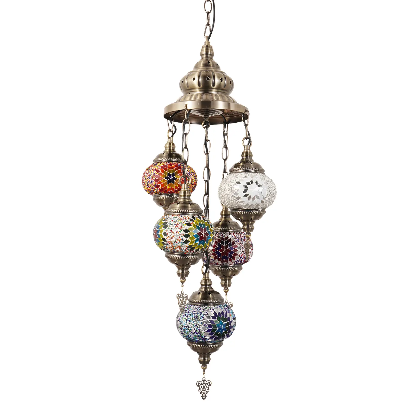 Vintage Bohemian Handmade Mosaic Stained Glass 5-Light LED Pendant Chandelier - 22" Chain, Warm Illumination, Multicolored Ceiling Lighting, Chandelier Drop, Indoor Use for Living Room, Bedroom, Light Up Your Space