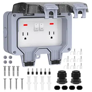 Double Outdoor Outlet with Cover IP66 Waterproof Outdside Plug Socket Weatherproof Exterior Wall Electrical Box with Switch Indicator Light 2-Gang Power Outlet for Wet Garden Swimming Pool