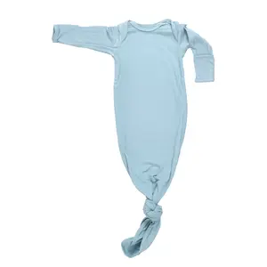 Three Little Tots Blue Ribbed Knotted Newborn Baby Gown Sleeper - Perfect for Baby's First Night Sleep