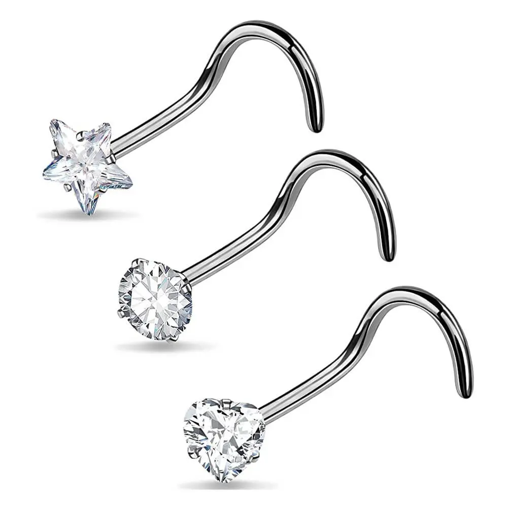 OUFER BODY JEWELRY 3-Pack 20G Implant-Grade Titanium Corkscrew Nose Studs with Star, Heart & Round CZ Tops - High Quality Fashion Jewelry, Hypoallergenic for Fresh Piercing