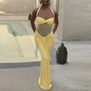 Chest Twist Halter Tie Mermaid Maxi Dress for Women's Solid Color Slim Fit Sheer Mesh Panel & Front Sash 2025 Fall New Party Night Dating Dress Holiday Beach Vacation Outfit