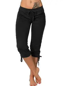 Women's Casual Seven-Quarter Pants with Pockets, Mid-Waist Adjustable Drawstring Fitted Leg Design, Fashionable Summer & Spring, Womenswear