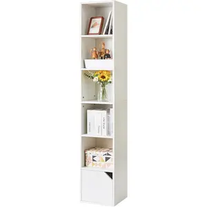 6 Tier Narrow Bookcase with Doors, Cube CD DVD Storage Cabinet,Slim Media Tower Rack,Cabinet,White Bookcase Display Storage Shelves for Small Spaces,for  Office White UWBC001W