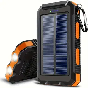 Portable Solar Phone Charger, Camping External Battery Charger for Mobile Phones, with 2 USB Ports and LED Flashlight (with Compass), Ideal for Outdoor Activities, 10000/20000 mAh Solar Power Bank