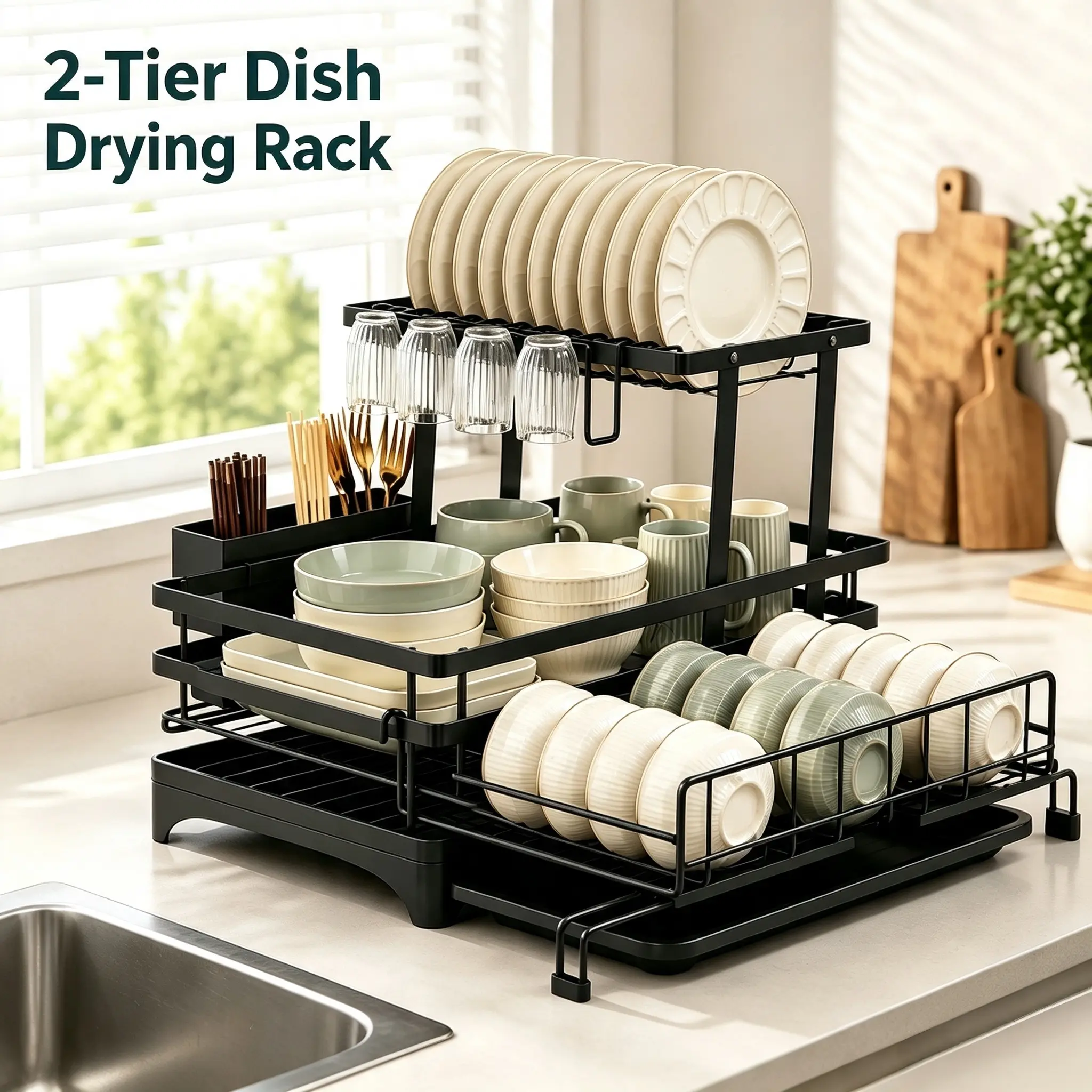 Double-Layer Expandable Dish Drying Rack - Heavy-Duty Kitchen Organizer with Automatic Water Drainage, Utensil Storage, Fitting Countertops/Sinks, Ideal for Small Apartments (Kitchen Accessories, House Organizers)