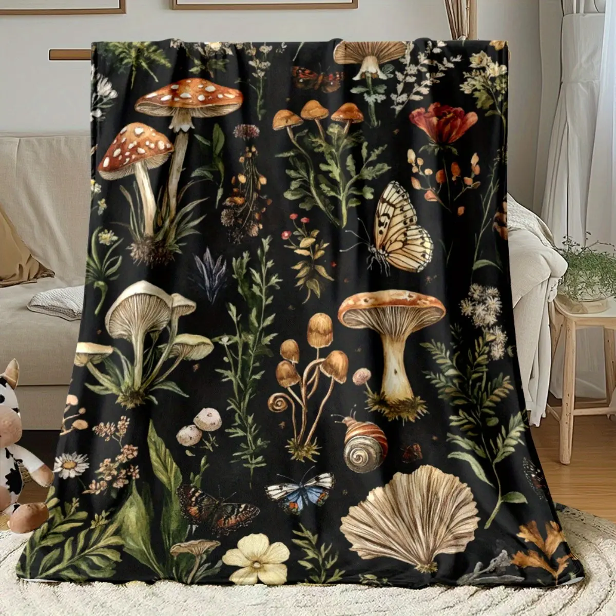 Vintage Watercolor Mushroom-Butterfly Flannel Throw Blankets, Ultra-Soft Plush Forest Botanical Print Fleece, Wrinkle Resistant, Multi-Size 30x40 to 60x80 Inches, Cozy Warm for Couch-Bed, Cottagecore Decor, Thoughtful Nature Lover Gift, All-Season Use, Th