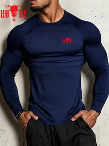 Men's Vintage Bull Logo Fitness Long Sleeve Top, High Stretch Slim Fit, Moisture-Wicking, Sporty Style, All-Season Workout Wear