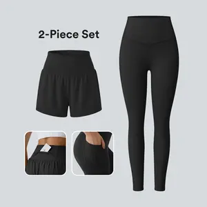 Halara 2-Piece Super High Waisted Back Pocket & Side Hidden Pocket 2-in-1 Yoga Shorts 3" & UltraSculpt High Waisted Tummy Control Pocket Shaping Training Leggings Set