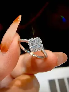 Luxury Moissanite Ring with Lucky Four-Leaf Clover Design, Elegant Fashion Jewelry Gift for Women, Perfect for Parties & Holidays, Elegant Glittering Ring, Heart Cluster Ring, Elegant Engagement Ring