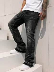 Men's High-End Casual Streetwear Loose-Fitting Jeans, All Seasons Button Fly Zipper Bootcut Flare Leg Pants, Plain Water Washed Denim Bottoms, Trouser