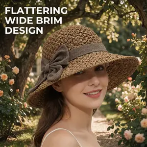 [Deals For Your Days] Women’s Hand-Knitted Straw Sun Hat, Foldable Wide Brim Beach Hat, Casual Round Crown Summer Hat, Handmade