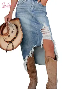 Chvity Denim Skirt for Women Ripped Distressed Jean Skirt Stretch Zip Fly High Waist Denim Skort Y2k Long Jean Skirts 2026