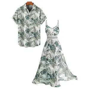 2025 Vacation Couple Outfit Hibiscus Floral Leaf Pattern Geometric Lace Panel Hollow Out Long Dress and Button Up Shirt Casual Matching Outfit beachwear