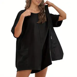 Women Summer Oversized Jumpsuit Romper,Athletic Workout Short Sleeve Overalls,Trendy Casual Baggy Tee Outfits