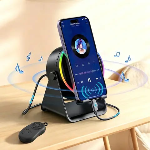 5-in-1 Wireless Magnetic Bluetooth Audio Speaker Stand - Built-in 3500mAh Portable Charger, 360° Adjustable Tabletop Phone/Tablet Holder, Ambient Light Glow, Rechargeable, Hands-Free Phone Viewing, Compatible with iPhone 18 Series, Boyfriend Music Gift