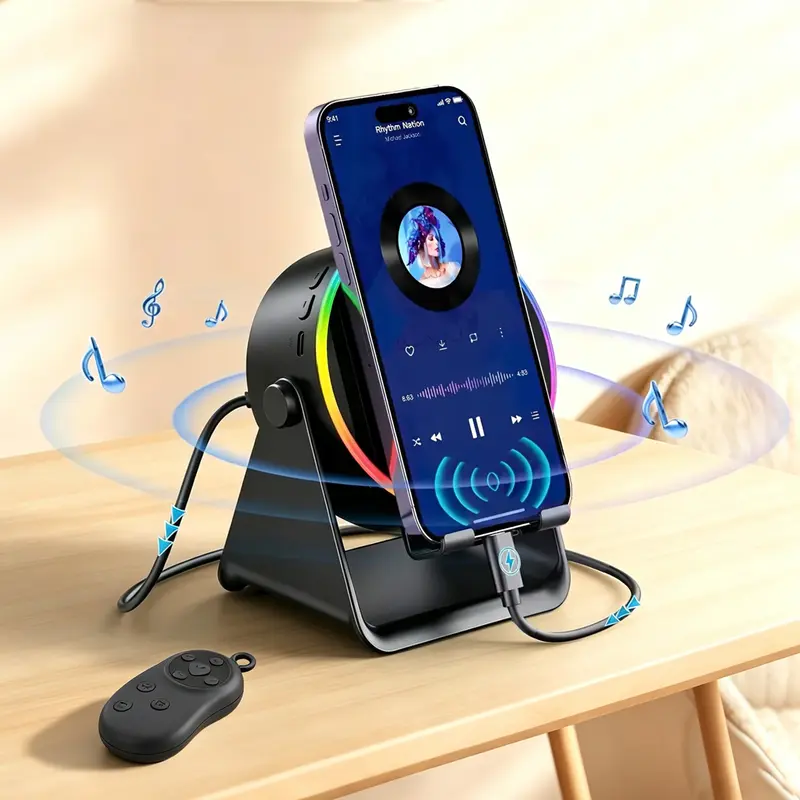 5-in-1 Wireless Magnetic Bluetooth Audio Speaker Stand - Built-in 3500mAh Portable Charger, 360° Adjustable Tabletop Phone/Tablet Holder, Ambient Light Glow, Rechargeable, Hands-Free Phone Viewing, Compatible with iPhone 18 Series, Boyfriend Music Gift
