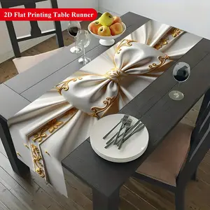 1pc Elegant White & Golden Table Runner with Beige Bow Luxury Rectangular Polyester Table Decor for Dining Coffee Tables Parties Weddings Christmas New Year's Kitchen & Party Decoration Dining Table Accessory