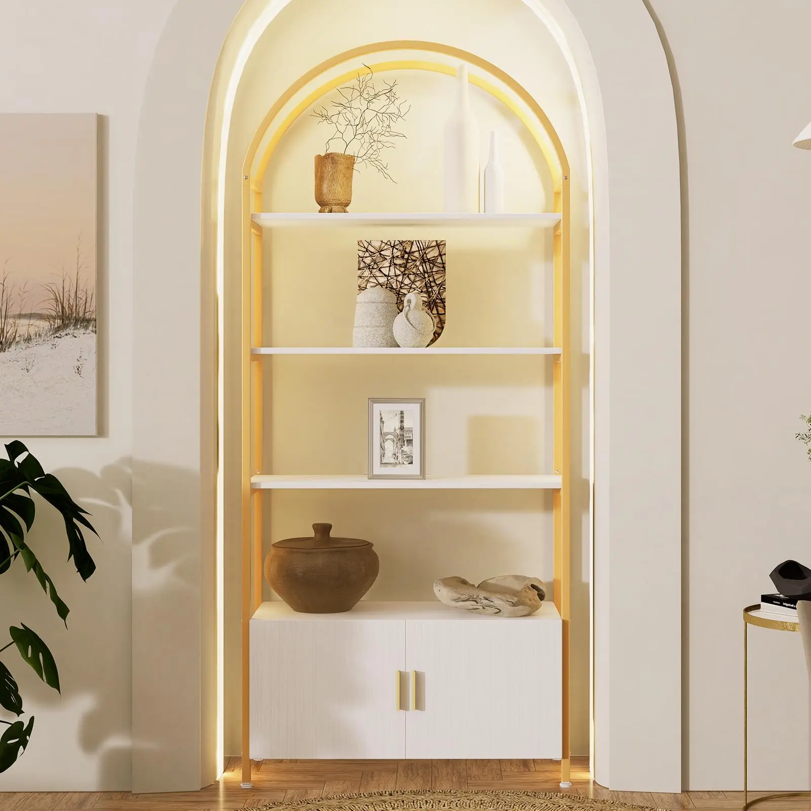 Arched 5‑Tier Bookshelf with Hidden Cabinet – Tall Bookcase, Wooden & Metal Frame, Open Shelves & Storage, Rustic Farmhouse Style for Living Room, Home Office