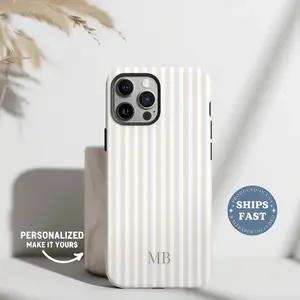 Personalized Stripe Phone Case |   Custom Initials Beige White iPhone Samsung Pixel Cover |   Classic Minimalist Gift iPhone Case Compatible with iPhone 15 16 14 17 Pro Max 13 12 11 XR AIR XS Plus Cute Soft Silicone Drop Protection Rugged and Durable