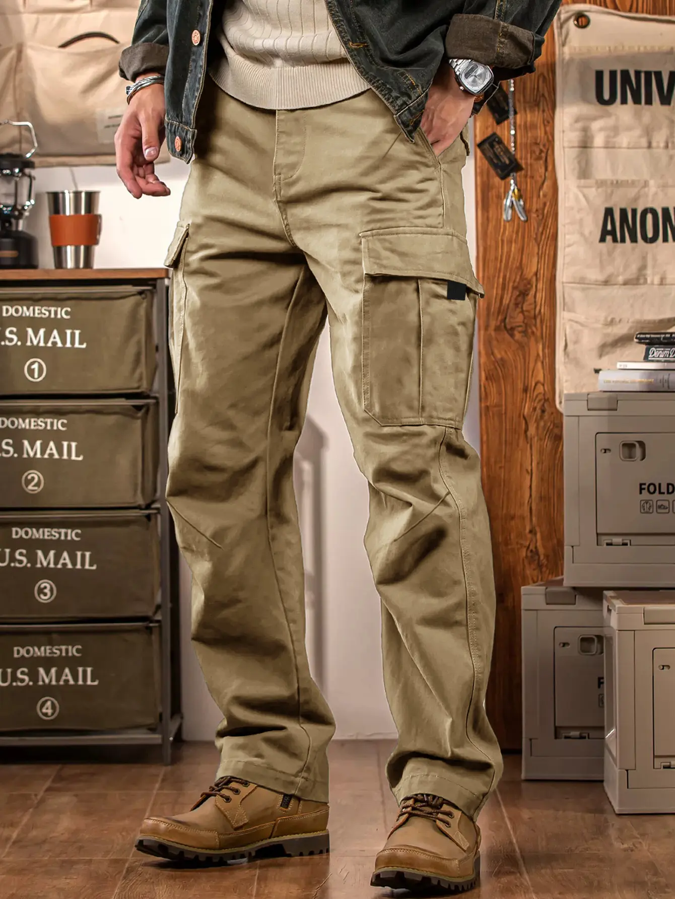 Men's Aesthetic Classic Straight-Leg Cargo Pants - High-Quality Waterproof Cotton Fabric Menswear, Durable Zipper-Equipped Utility Design with Side Pockets, Regular Fit Workwear Trousers