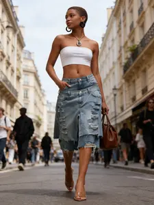 Young Trendy Women | Streetwear Street/Music Festival Outfit | Double Waistband Fake Two-Piece Distressed Light Wash Loose Denim Skort | Washed Ripped Raw Edge | Y2K Vintage Street Style | Eye-Catching Womenswear Fashion Bottoms Jean Skorts