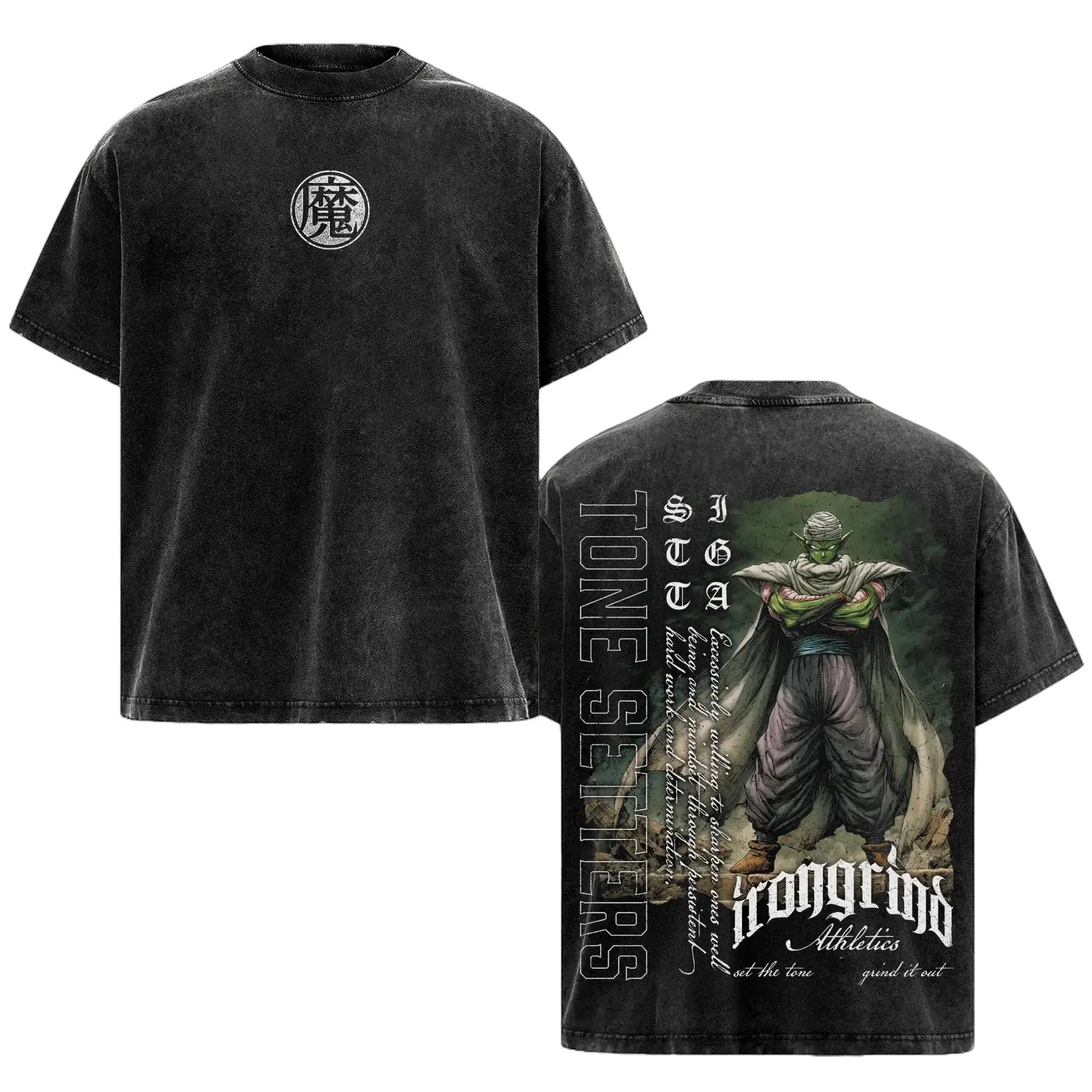 Vintage Washed Piccolo Graphic Tee DBZ Oversized Anime T-Shirt Heavy Cotton Streetwear Men's Acid Wash Manga Shirt Retro Y2K Aesthetic Everyday Outfits Dragon Ball Inspired Merch Trendy Japanese Apparel High-Definition Prints Casual Tops Demon Symbol