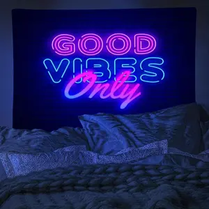 Colorful Good Vibes Fluorescent UV Reactive Tapestry - Large Size Indoor Wall Hanging Decor with Free Hanging Accessories for Living Room, Bedroom & Home Interior Decoration |   Easy Install. Decorative