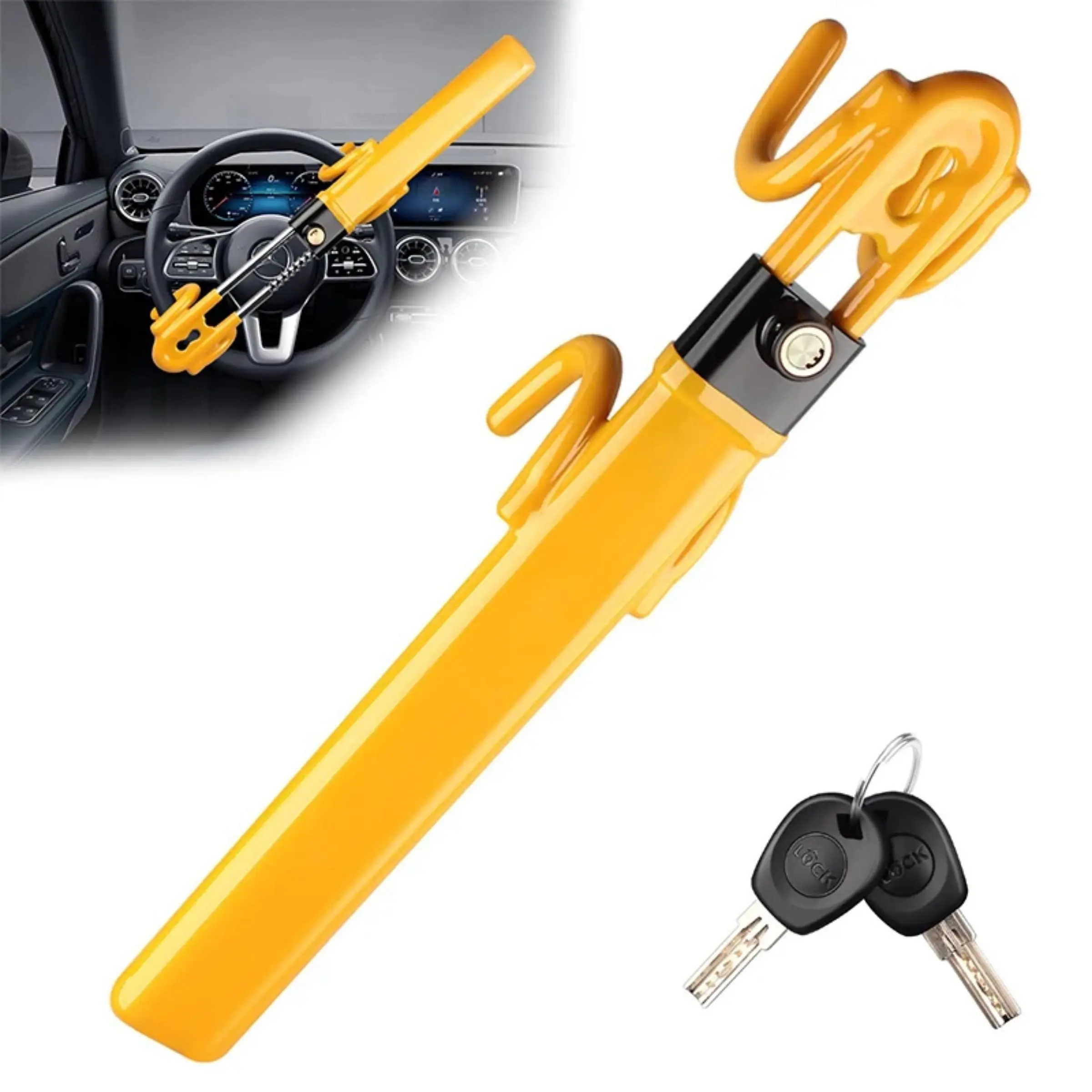 Car Anti-theft Safety Lock with 2 Keys, Adjustable Length Clamp Lock with Double Hooks, Keyed Padlock for Steering Wheel, Car Accessories, Car, Truck & Van