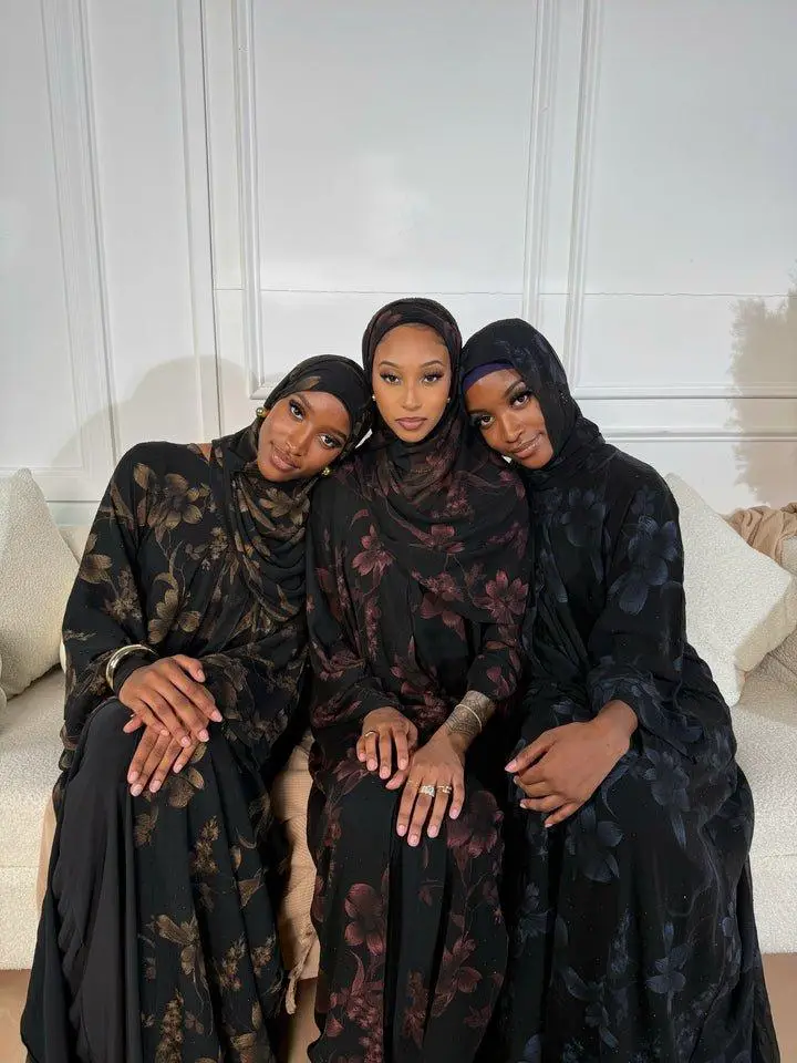 Starlight Abaya Set - Black Rhinestone Printed Chiffon Abaya with Matching Scarf & Button Closure Option