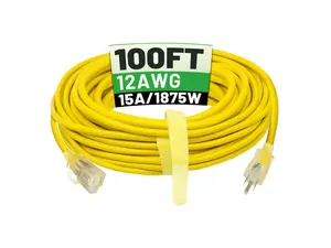 100FT Outdoor Extension Cord 12/3 Heavy Duty Waterproof – Flexible 12 Gauge Power Cord with Lighted End for Lawn Mower, Tools, Construction, Garden & Appliances