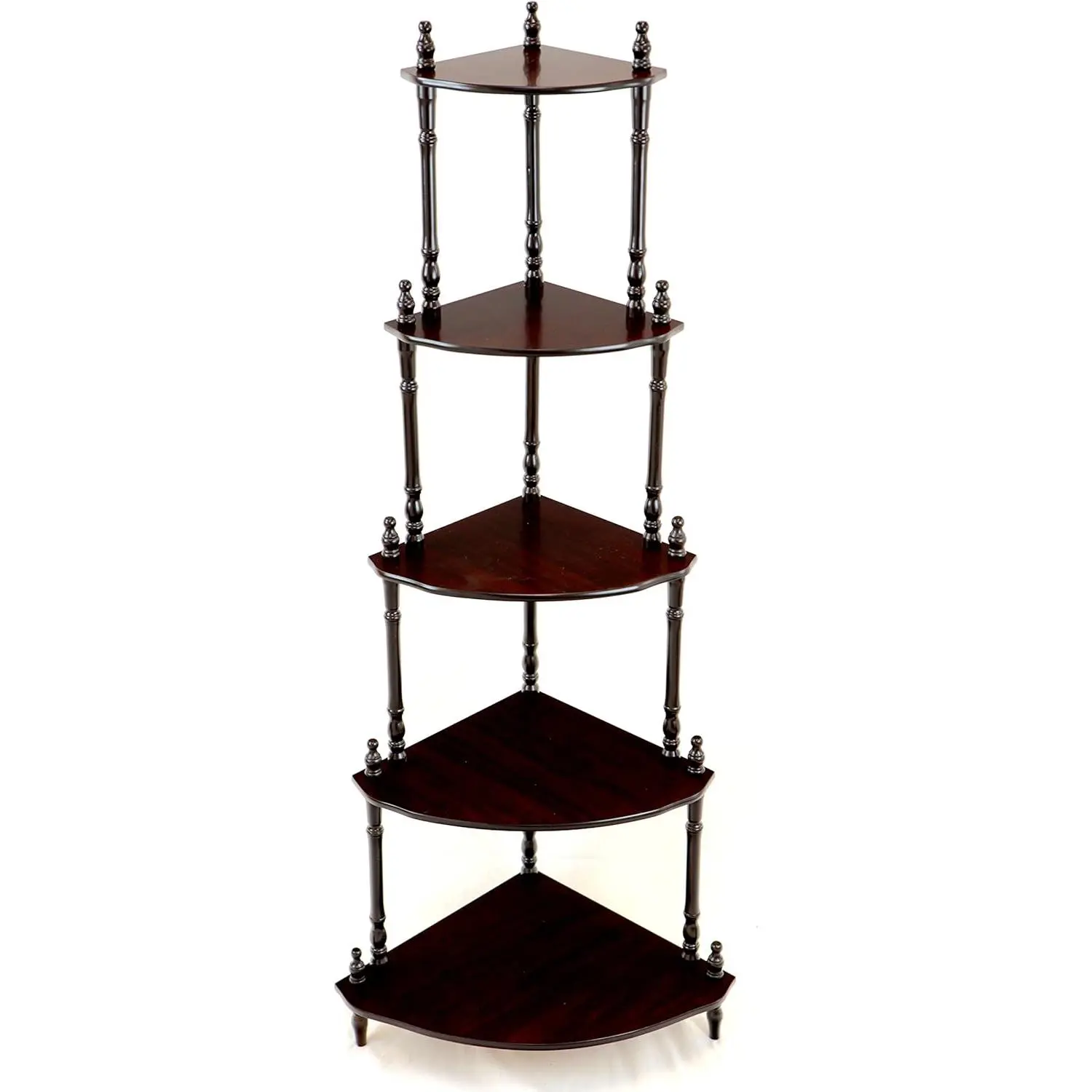 Frenchi Home Furnishing 5-Tier Antique Look Wood Traditional Corner Shelf - Space-Saving Accent Shelves for Display Items, Dark Cherry Decorative Home Supplies, Durable