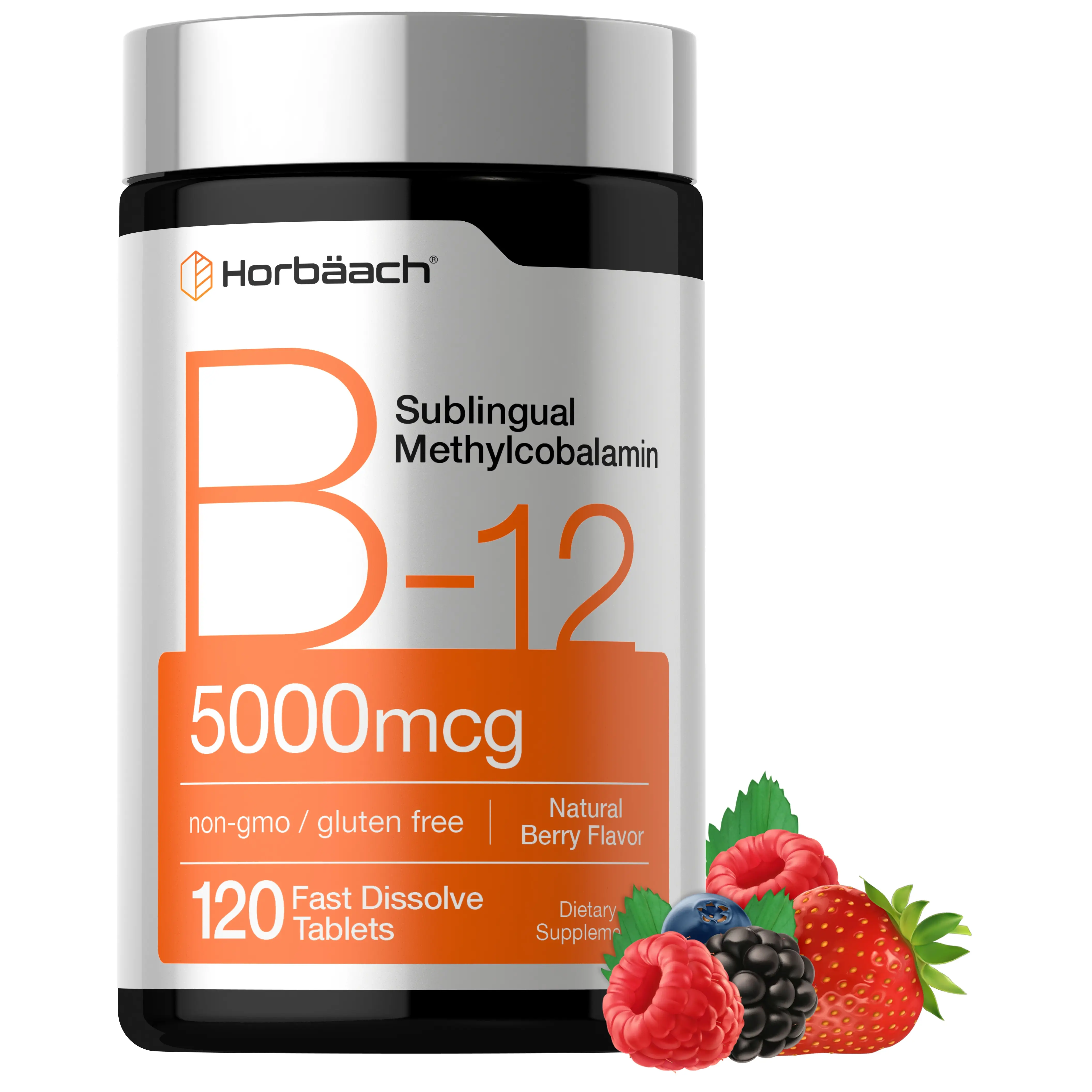 Horbäach B12 Vitamin 5000 mcg - 120 Fast Dissolve Tablets - Sublingual Methylcobalamin - Vegetarian, Non-GMO & Gluten Free Supplement