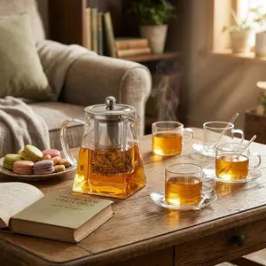 Glass Tea Kettle with Removable Stainless Steel Filter & Handle, 1/5 Counts Clear Square Glass Teapot & Tea Cup Set for Home Office Use, Home Accessories