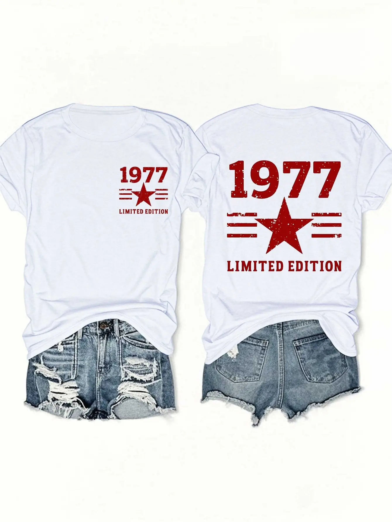 1977 Limited Edition Women's Vintage 1977 Print T-Shirt - Pure White Retro 70s Star & Number 1977 Design, Casual Round Neck Short Sleeve, Limited Edition Collectible 70s Inspired Outfit