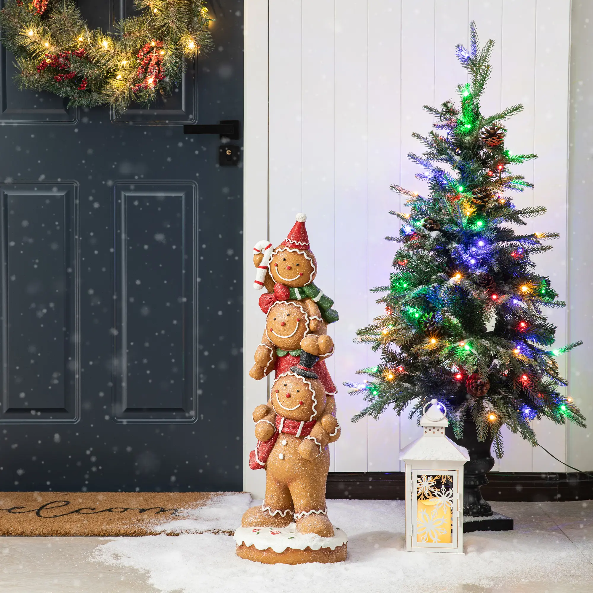 Glitzhome 29.25"H Stacked Shape Christmas MGO Gingerbread Man Hand Decoration, 100% Resin Round Porch Festive Home Decor, Porch Decor