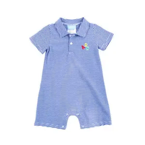 ABC Royal Blue Stripe Polo Romper - Knit Preschool Outfit for Boys