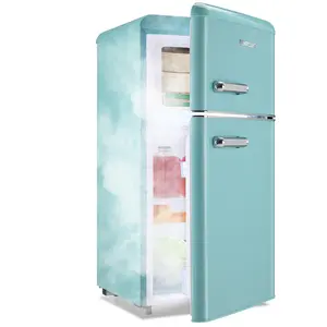 DEMULLER 3.5 Cu.ft Retro Mini Fridge with Freezer Dual Doors & Handles Compact Refrigerator with 7 Thermostat Control Freestanding Small Fridge with LED Light Cream