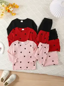 6-Piece Set for Girls & Toddlers, Autumn Winter Home Comfort Wear, Heart Print Solid Color Knit, Casual Style Clothing Collection, Baby Girl Clothes
