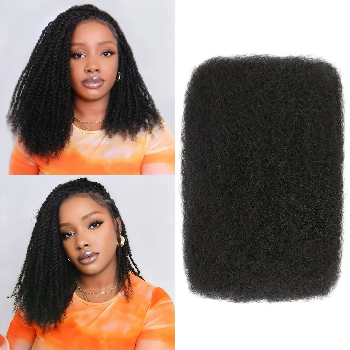 Afro Kinkys Bulk Human Hair 50g/Pack - Afro Kinky-Curly Human Hair Bulk For Mini Twist, Dreadlocks Extensions, Locs Repair & Braiding, 100% Human Hair Natural Black.