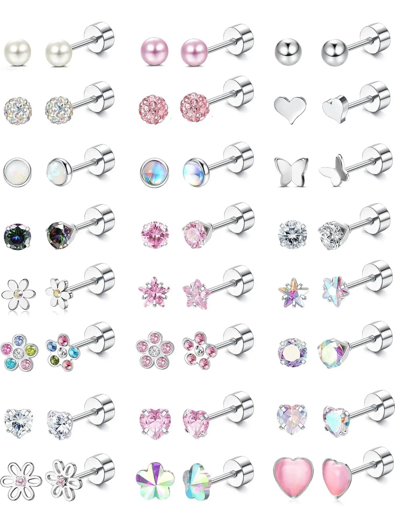 24 Pairs Hypoallergenic Post Earrings, Screw-Back Studs, Cute Heart-Shaped Kids Earrings, 4mm Tiny Flat-Back Stud Earring Set, for Girls and Women, Ages 3 and Up