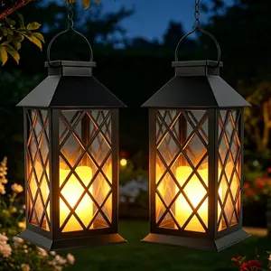 Solar Lanterns Outdoor  - 2 Pack 14" Large  Solar Lantern with Glass Flickering Flame, IP65 Weatherproof Decorative Lanterns for Garden, Patio, Yard, Porch, Balcony, Gifts Mom Wife
