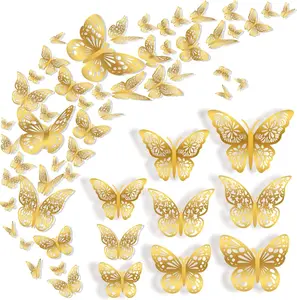 36 Pcs 3D Gold Butterfly Wall Decor 3 Styles 3 Sizes Wedding Birthday Party Girls Bedroom Decoration Waterproof Corrosion Resistant Laser Cut Art