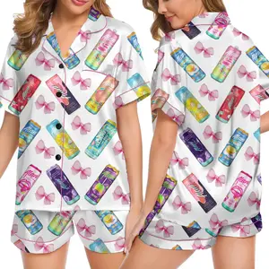Alani Pajamas Set, Alani Energy Drink Sleepwear, Satin Loungewear For Women, Alani Lover, Satin Pajama Set with Print, Gift For Her