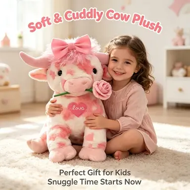 Spotted Pink Cow Plush Toy With Bow Skin-Friendly Fluffy Stuffed Cushion Children Playmate Bedroom Sofa Decor Gift For Girls