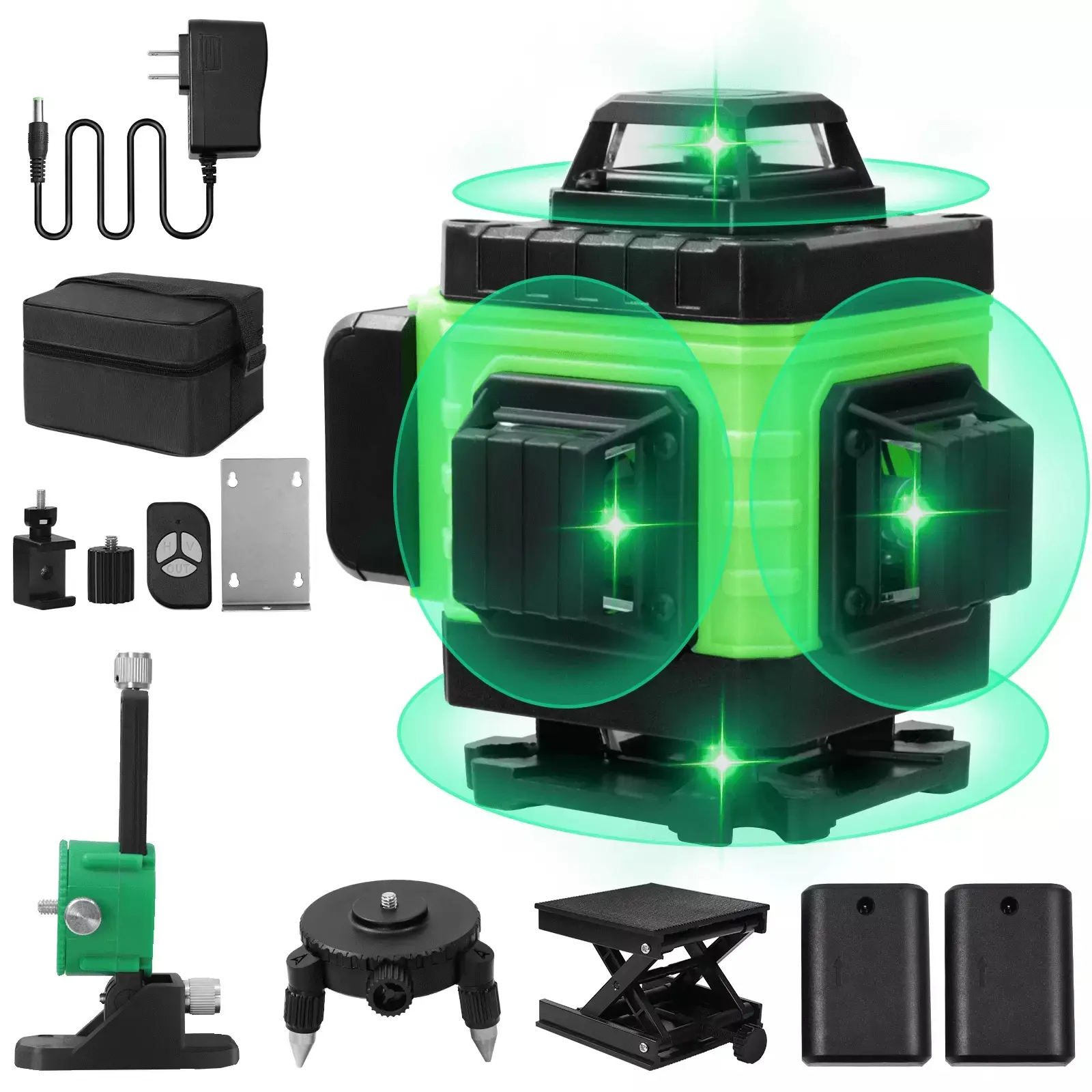 16-Line 4x360° Self Levelling Laser Leveler Tool, 4D Green Cross Line Multipurpose Device with 2 Batteries, Adjustable Brightness, Remote Control for Decoration, Flooring, Tiling Construction, Interior Design