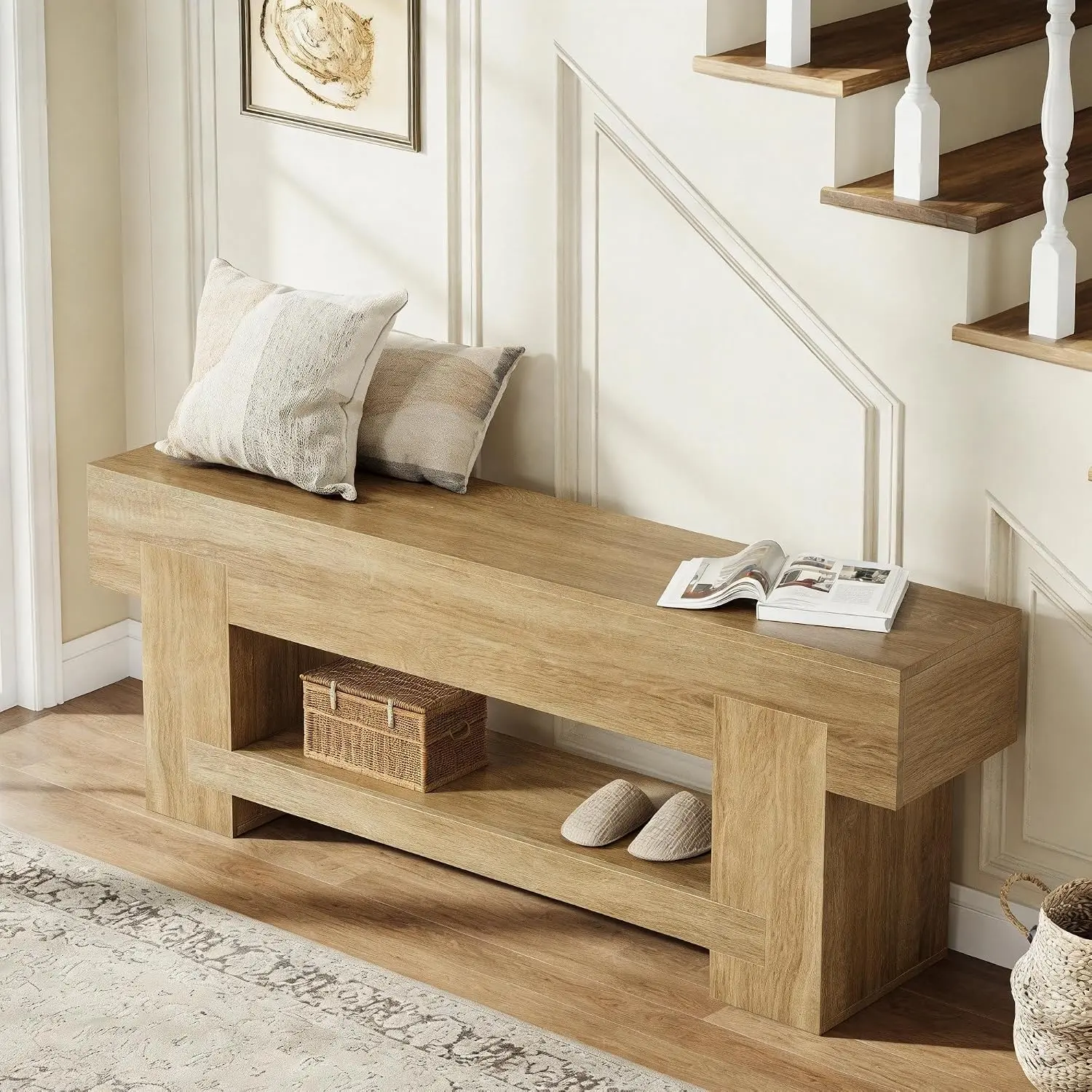 47" Long Entryway Bench, Wooden Entry Way Benches Indoor with Storage Shelf, Rustic Farmhouse End of Bed Bench for Bedroom, Narrow Shoe Rack Seat Skinny Bench for Dining Table, Mud Room, Hallway