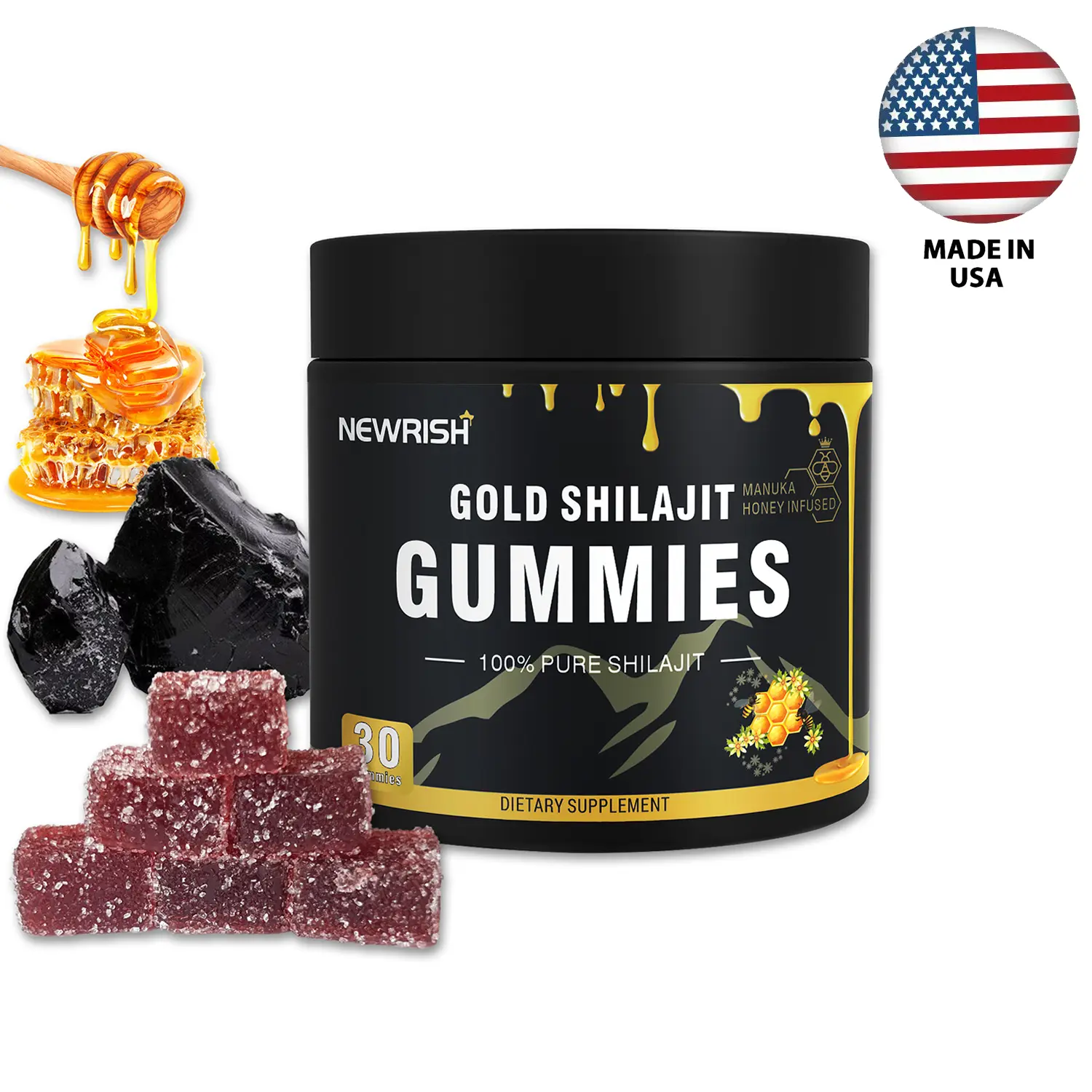 Newrish Gold Pure Shilajit Gummies | 85+ Trace Minerals & Fulvic Acid | Non-GMO Men's Supplement | All Natural | Immune & Energy Support | 30 Gummies