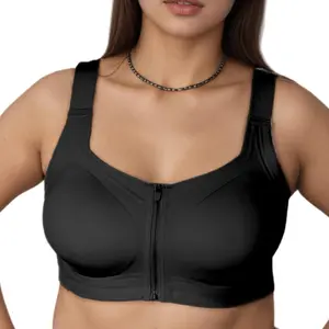 Front Zip Posture Support Bra, Beige Comfort Sports Brassiere with Wide Straps, Wireless Compression Top